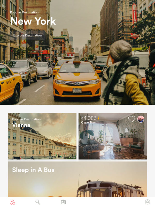 A featured tile with a go-to-action text 'Explore Destination' of Airbnb iPad app.