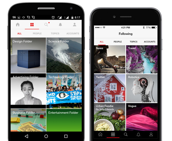 Flipboard Android and iPhone apps with tabs.