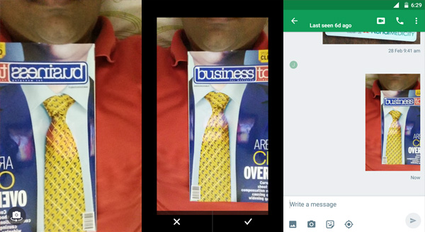 Left: Front Camera preview (mirrored) | Centre: confirmation screen (normal) | Right: Posted message (normal)