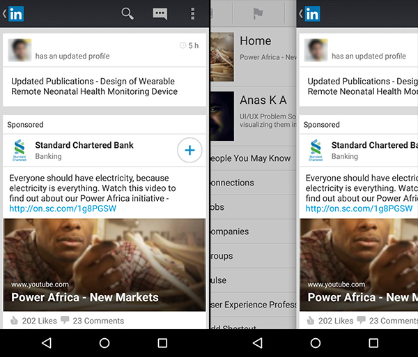 LinkedIn Android app with a 'Back' button on the home page. It serves as a Hamburger Menu icon.