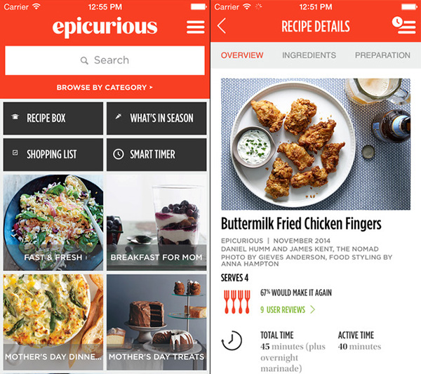 Epicurious iPhone app with the Hamburger Menu icon on the right corner.