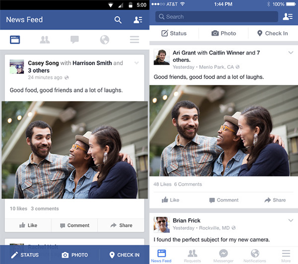 Facebook Android and iPhone apps with tabs