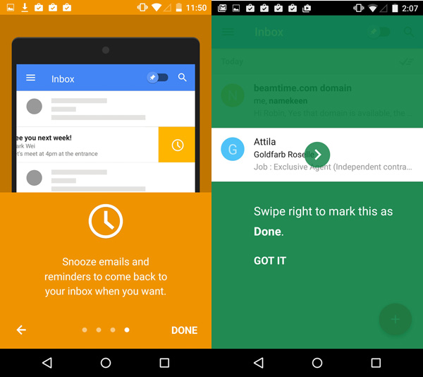 Inbox Android App: Walk-through of new meaning to swipe left function ("snooze") on the left; coach mark of new meaning to swipe right function ("done") on the right