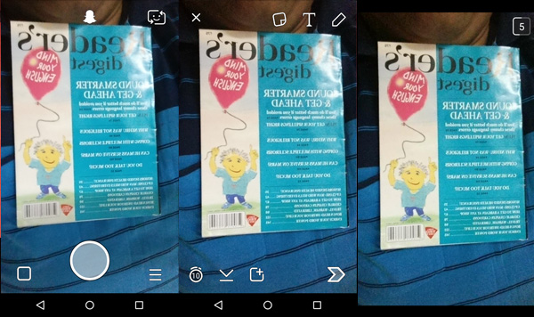 Left: Front Camera preview (mirrored) | Centre: confirmation screen (mirrored) | Right: Snapchat viewed by a recipient (mirrored)