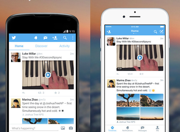 Twitter Android and iPhone apps with tabs.