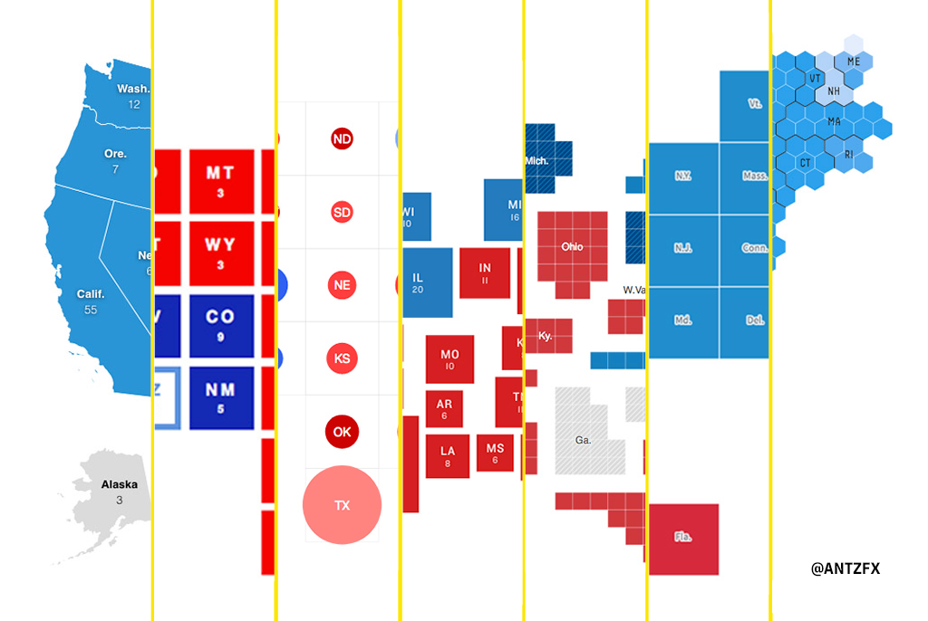 The United States political map represented in the Election 2020 results data visualization by various media outlets