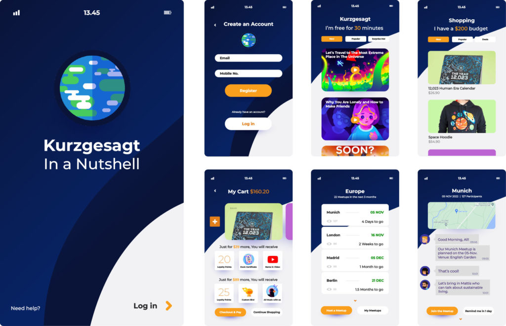 Kurzgesagt mobile app screens (launch screen, register/login, home screen, shop, shopping cart, meetups and chat)