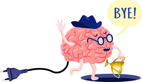 An unplugged/unpowered brain wearing a hat, spectacles and a trophy, leaving with a goodbye! It appears that the brain is about to fall into a hole.