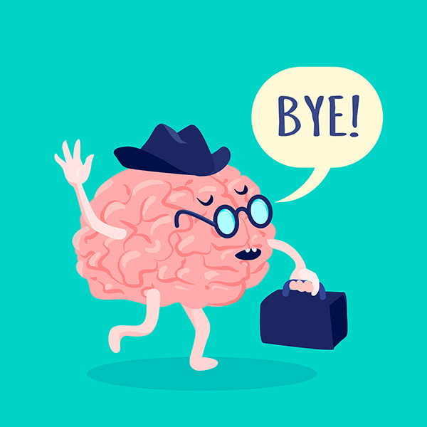 Brain in hat and glasses saying bye with suitcase flat vector illustration from FreePik.com