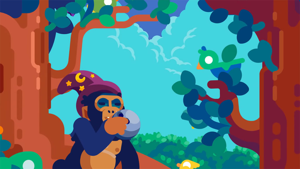 Kurzgesagt Chimp wearing a magician's hat and holding a bowling ball