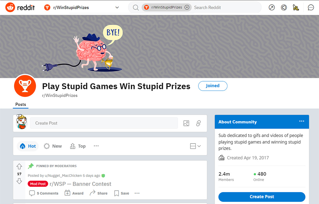 r/WinStupidPrizes Homepage mockup featuring my BRAIN/OFF banner