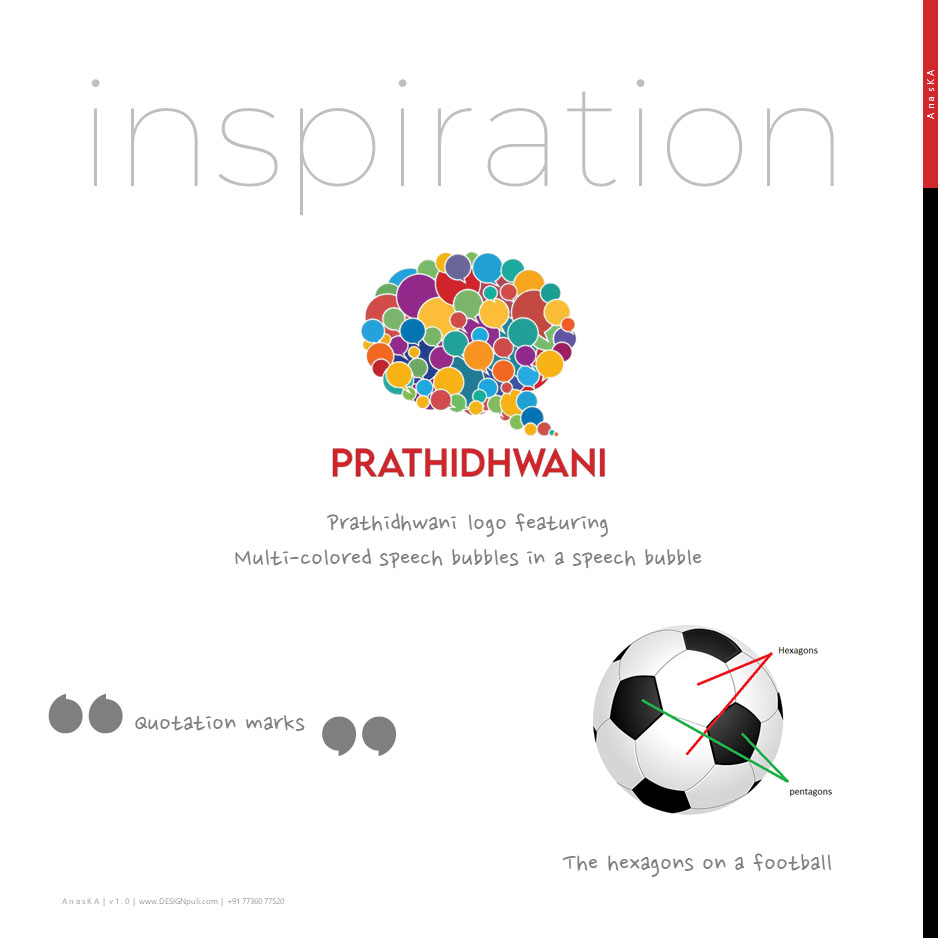 Inspirations are Prathidhwani logo, Bauhaus 93 quotation marks and the patterns on a football.