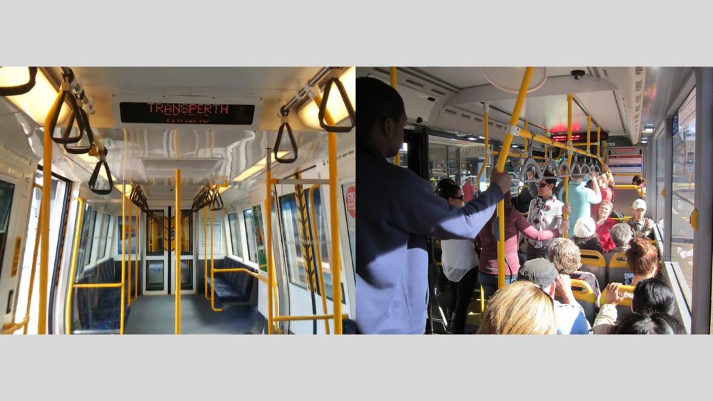 Displays with audio announcement in a TransPerth train and a CAT Bus