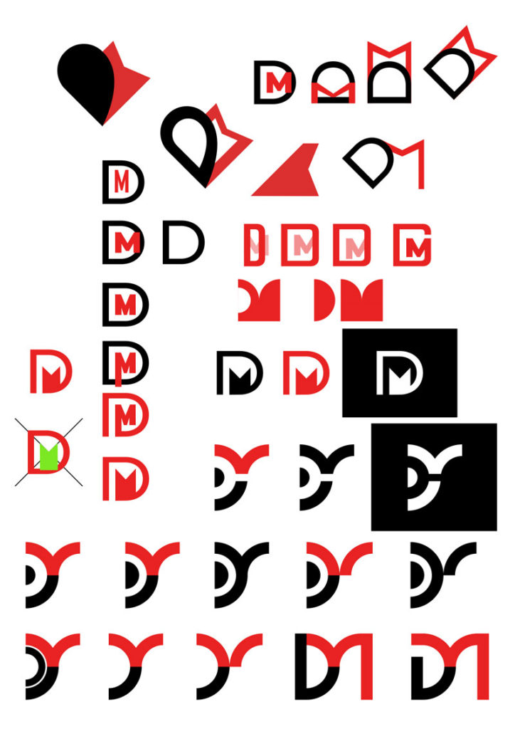 Doodles of various DM logo ideas