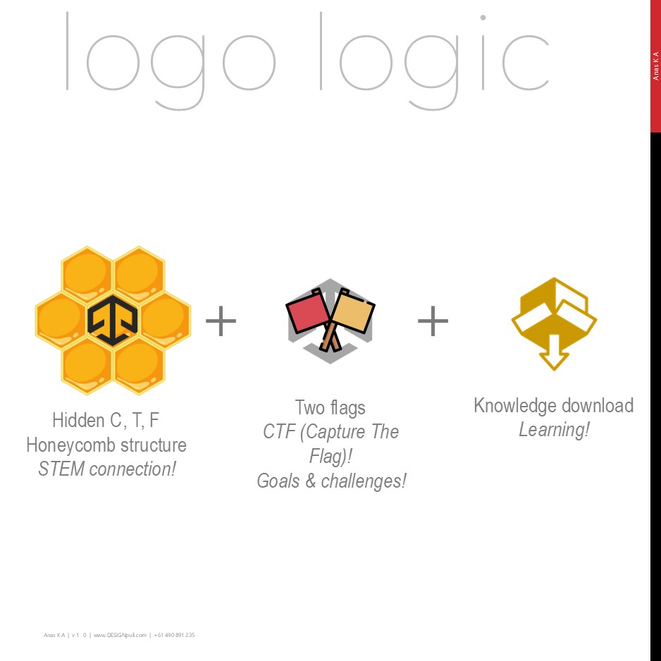 Logo logic of Cyber Tech Force logo is explained in this image as a combination of hexagon, two flags and a knowledge download icon.