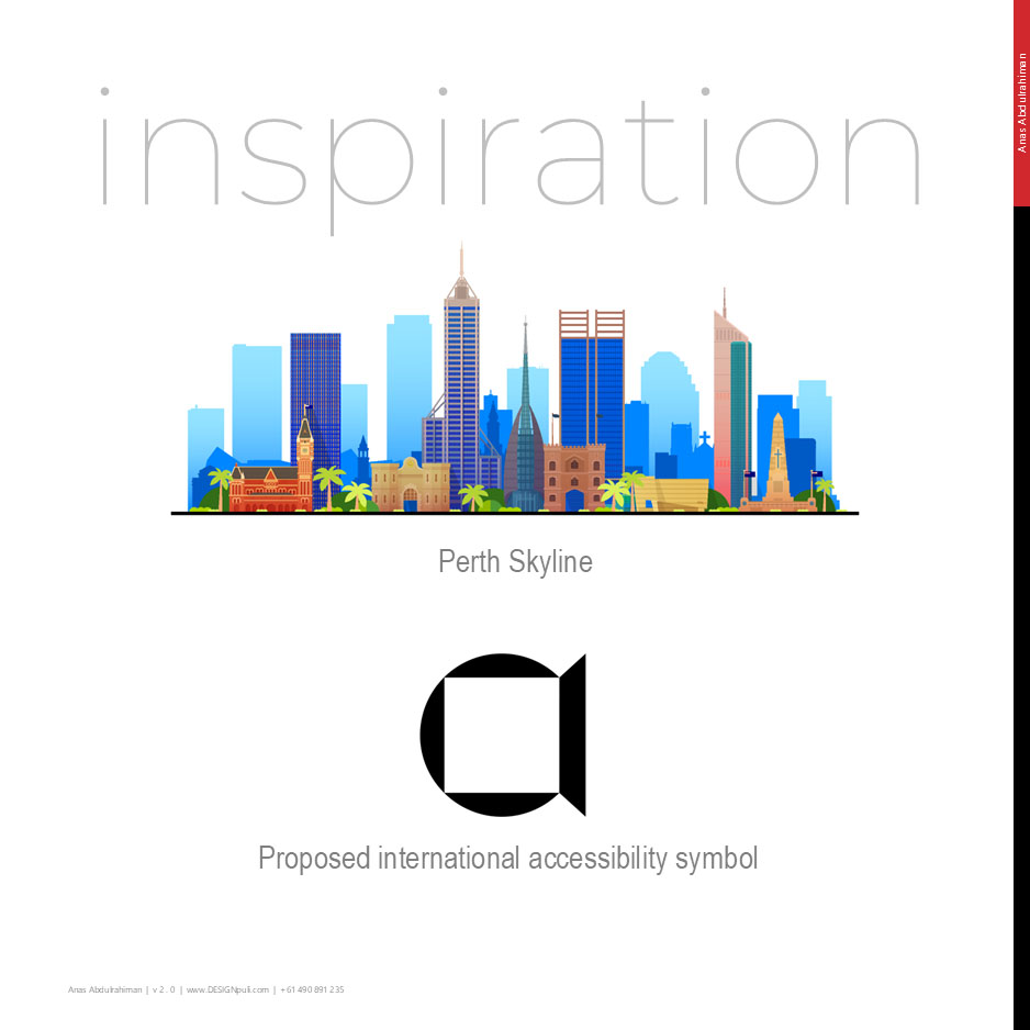 Image showing the inspirations for the logo design -- Perth skyline and International Accessibility Symbol
