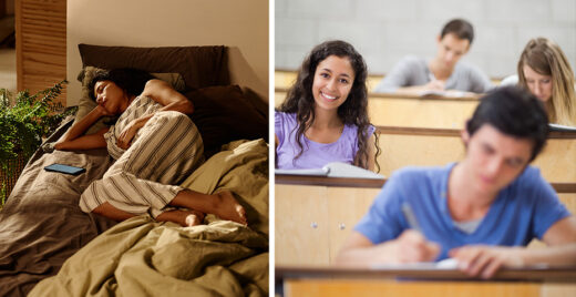 image showing the contrast of a girl sleeping and attending a class at university