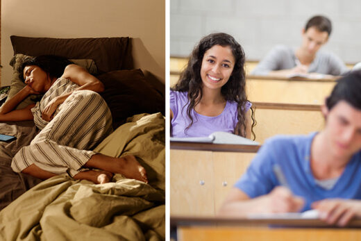 image showing the contrast of a girl sleeping and attending a class at university