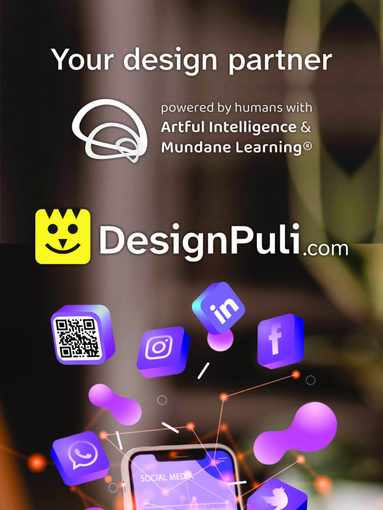 Photo showing social media icons around a mobile phone and the logo of DesignPuli