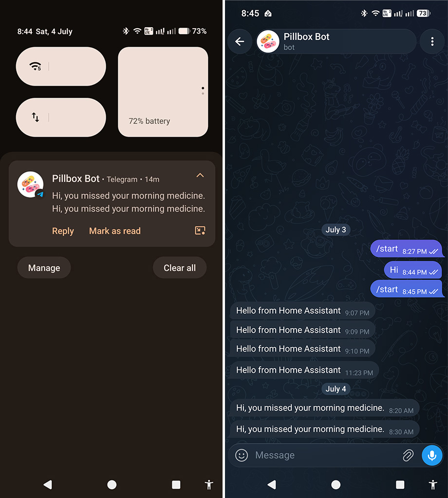 Real time push notifications from Pillbox Bot of Telegram App on my Android mobile phone
