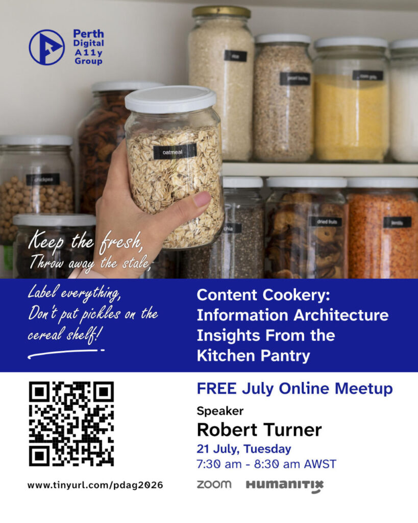 Poster about Robert Turner's talk featuring a person taking a labeled bottle of oatmeal from a kitchen pantry shelf