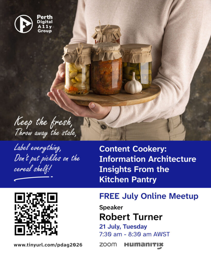 Poster about Robert Turner's talk featuring a person holding sealed bottles of pickles and spices