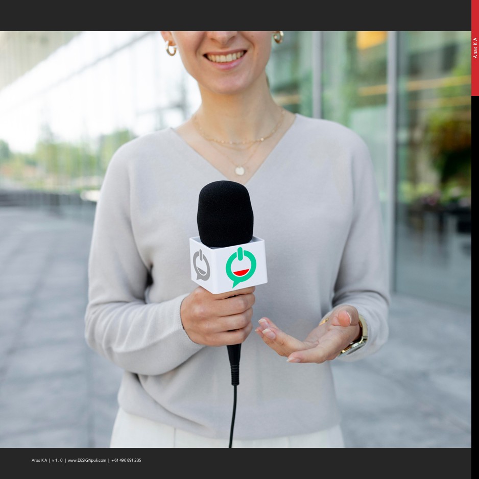 Startup Convo logo mockup on a microphone held by a journalist