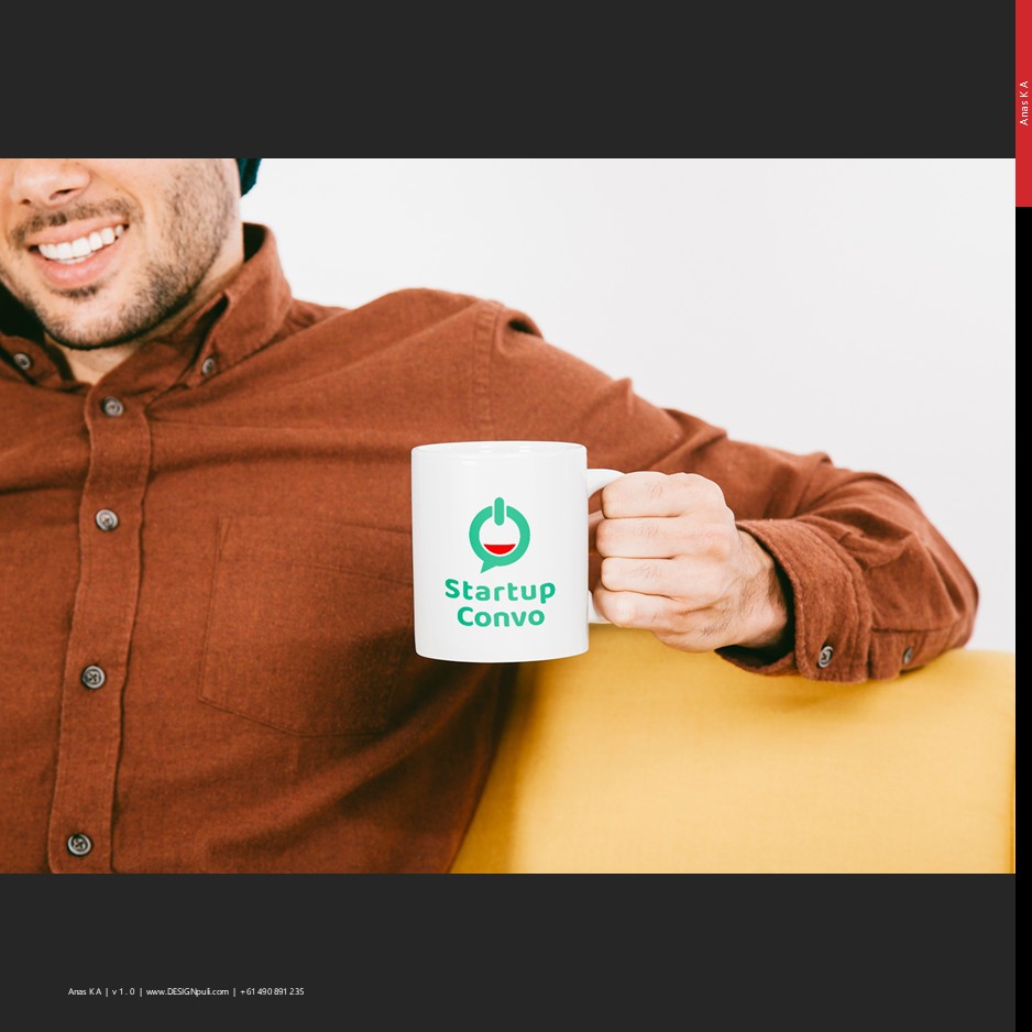Startup Convo logo mockup on a coffee mug held by a man during an informal conversation