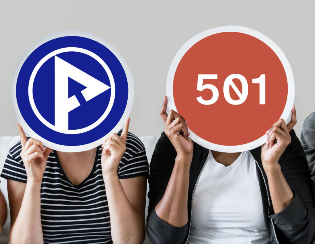 Two people holding up circular signs showing Perth Digital A11y Group's logo and the number 501