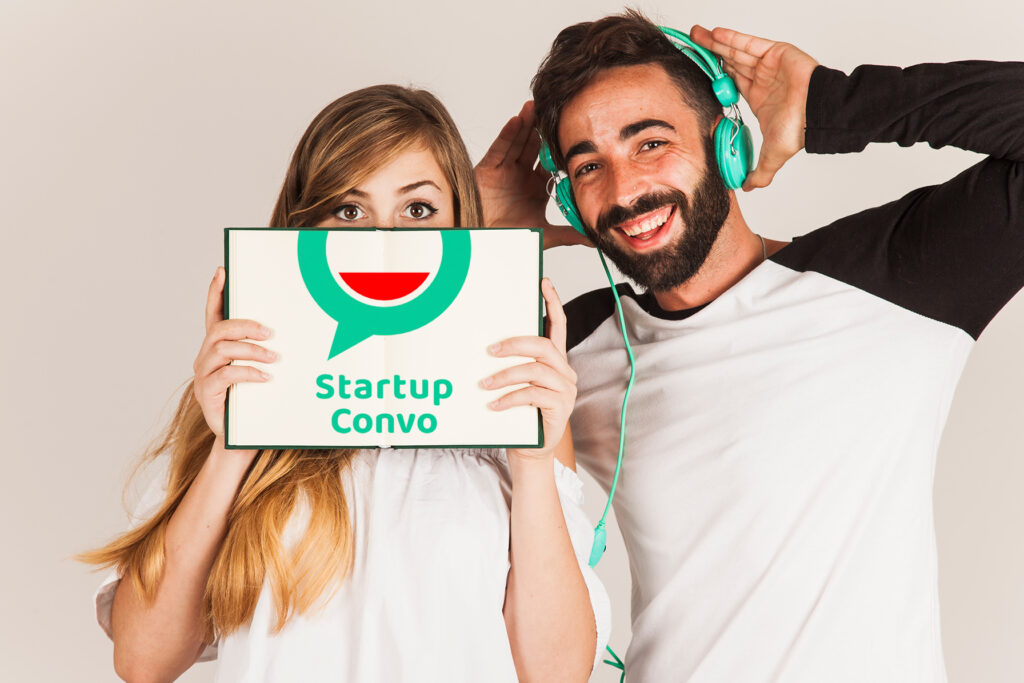 Logo mockup showing a happy couple holding a book featuring the Startup Convo logo.
